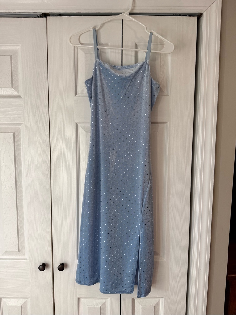 Light Blue Velvet Beaded Midi Slip Dress